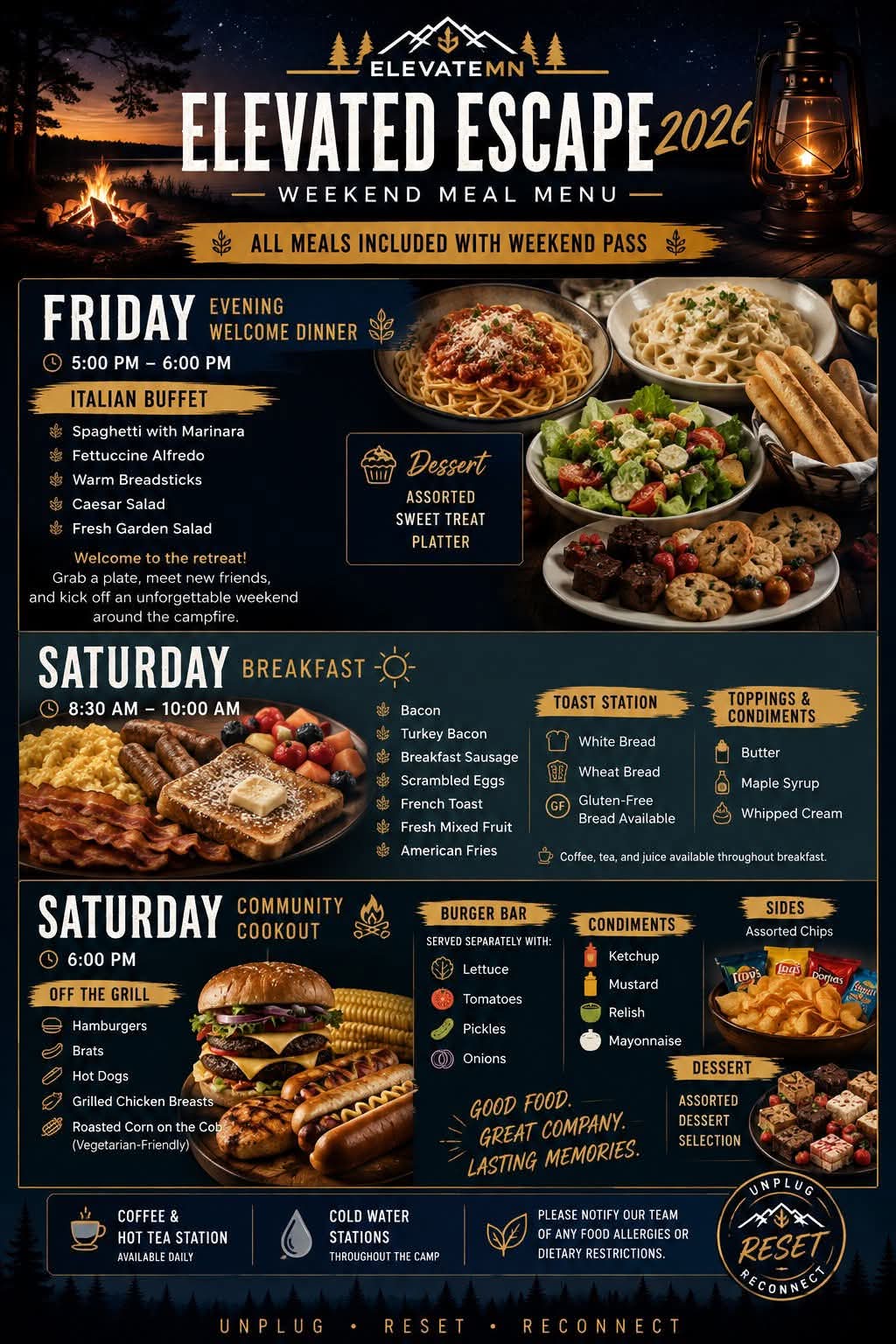 Elevated Escape 2026 Weekend Meal Menu - All meals included with weekend pass